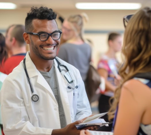 A smiling doctor with glasses and a stethoscope talks to a woman in a busy indoor setting, possibly a clinic or health fair, holding papers in his hand.